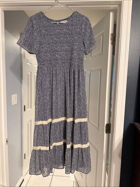 Blue Cottagecore Floral Dress with Lace Trim
